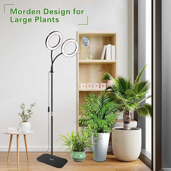 SDOVUERC Full Spectrum Grow Light with Stand for Indoor Plants, Floor Plant Light, 3/9/12H Timer, 3 Color Modes, Adjustable Height 16.5–68in, for Large Plants & Home Décor(2 Heads)