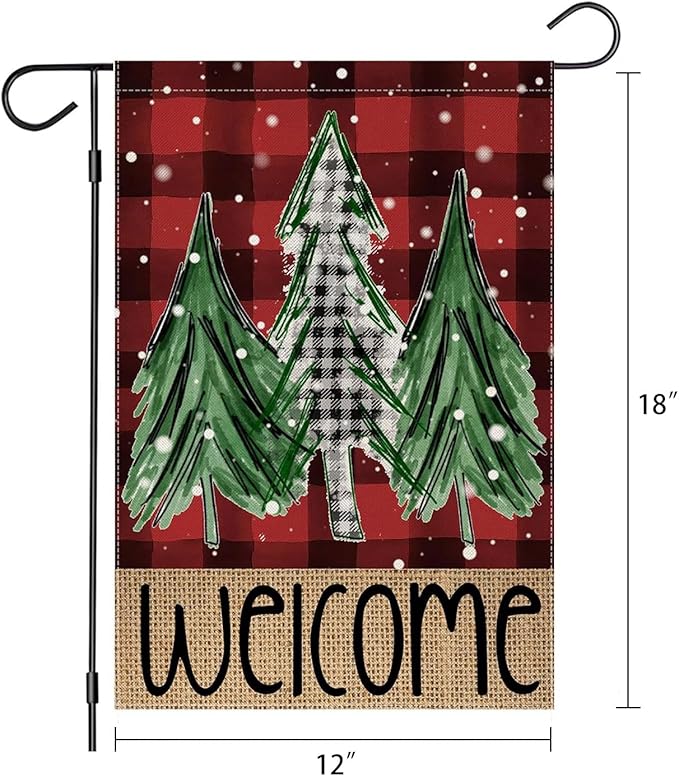 Welcome Red Buffalo Plaid Christmas Trees Garden Flag 12 x 18 Inch Vertical Double Sided Buffalo Plaid Red Holiday Yard Outside Xmas Decor