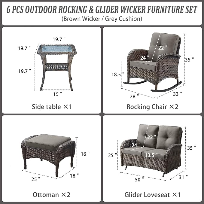 Belord 6 Pieces Outdoor Patio Furniture Set with Wicker Rocking Chairs, Rattan Patio Conversation Set with Glider Loveseat Ottomans and Side Table Brown/Grey