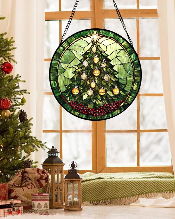 DASTOLL Stained Glass Window Hanging - Green Christmas Tree Golden Bells Suncatcher for Doors Home Christmas Decoration Sun Catcher Thanksgiving New Year Birthday Gift for Women Men Mom Nana 6.3 in