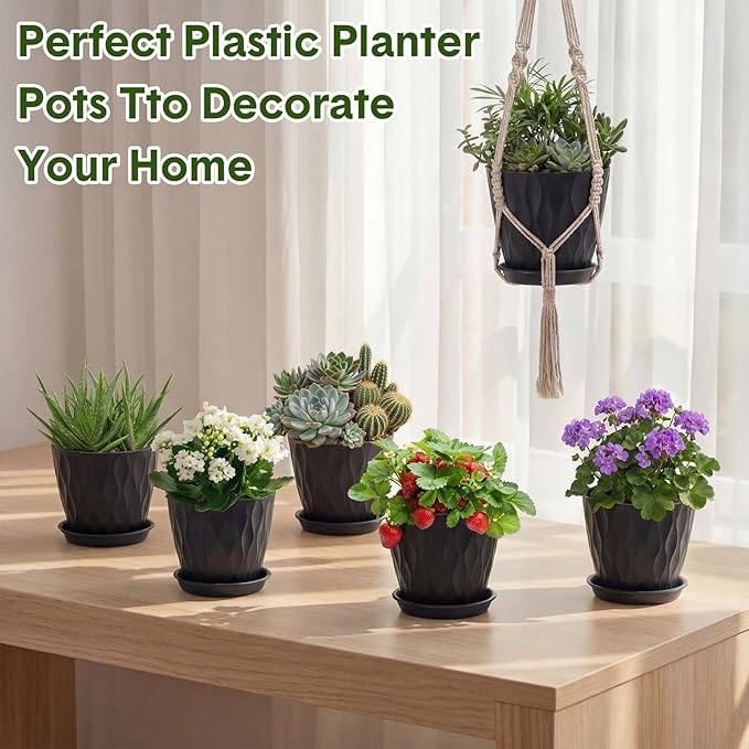 Acellegic 24 Pack 4 Inch Small Pots for Succulents, Waffle Texture Pots with Tray, Plastic Planter with Drainage Holes and Saucers, for Indoor Outdoor Plants Flowers, Seedlings (Black)