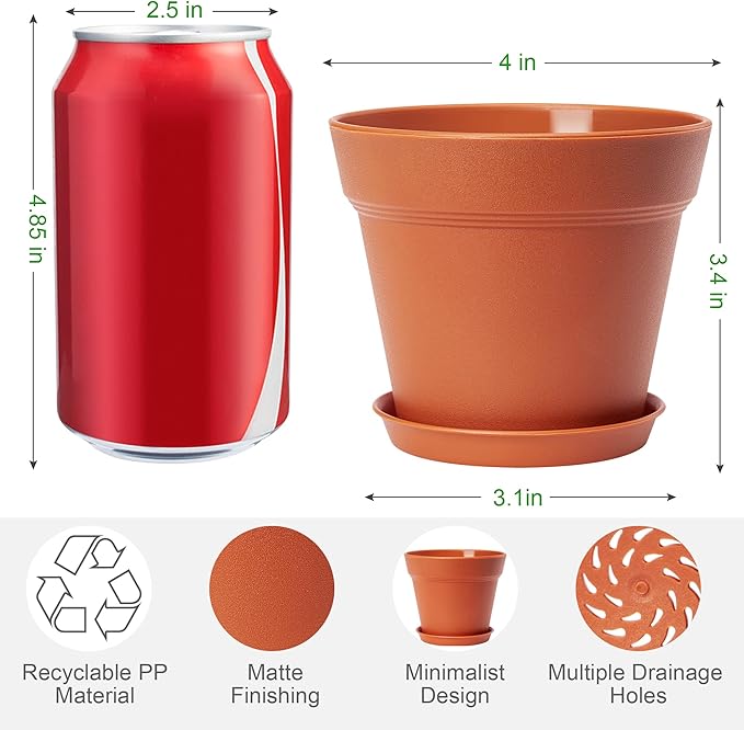 FHWTY 4 inch Plant Pots 16 Pack, Small Plant Pots with Drainage Holes and Tray, Thickened Indoor Planters Seedlings Pots for Flowers, African Violet, Succulent and All House Plants, Terracotta