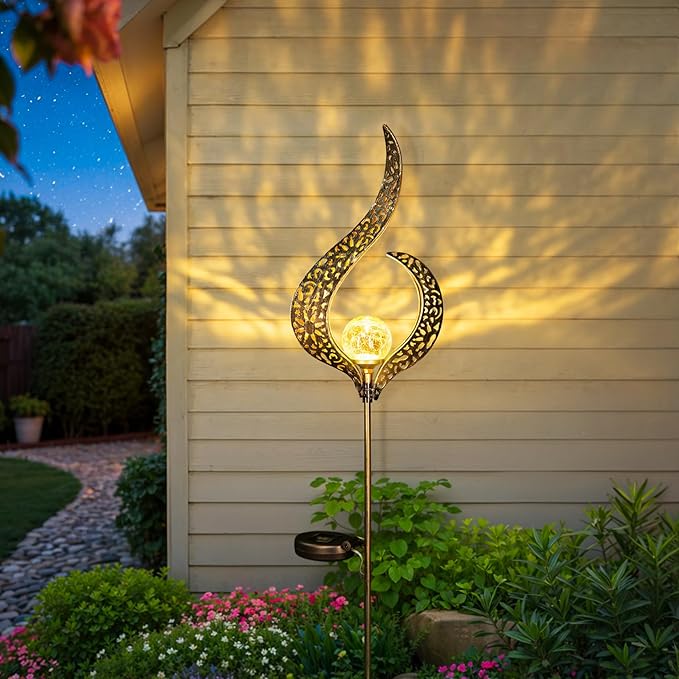 HOMEIMPRO Outdoor Garden Solar Lights Stake Waterproof, Mothers Day Gifts Mom, Crackle Glass Metal Flower LED Yard Art Ornaments Lights for Pathway, Lawn or Courtyard,Gardening Gifts Women (Bronze)