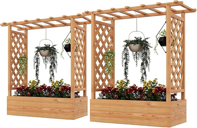 HAPPYGRILL Raised Garden Bed with Trellis, 2 Pack Freestanding Wood Planter Box w/Hanging Roof & 4 Drainage Holes for Vine Climbing Plants Flowers, Outdoor Planter with Trellis for Garden Patio Yard