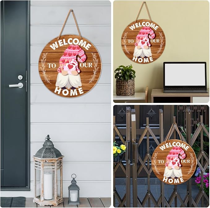Interchangeable Gnome Welcome Sign Valentine's Day Door Wreath for Home, Gnomes Front Porch Decor Seasonal Wall Hanging Wood Wreath for Spring Summer Fall Winter All Seasons Holiday, Caramel