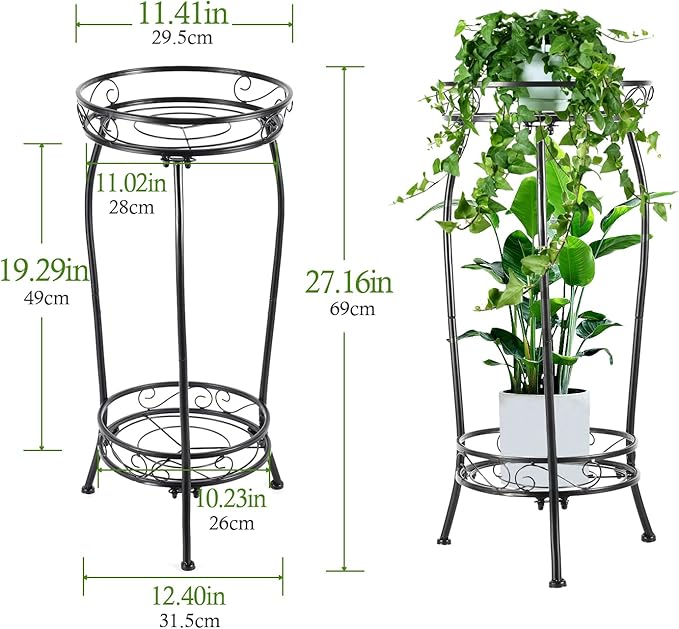 Kavlium 2-Pack Plant Stand Indoor Outdoor,Tall Black Metal Rustproof Stable Plant Stands,2 Tier 27.1 inch Multiple Plant Rack for Planter Corner Garden Living Room & Garden