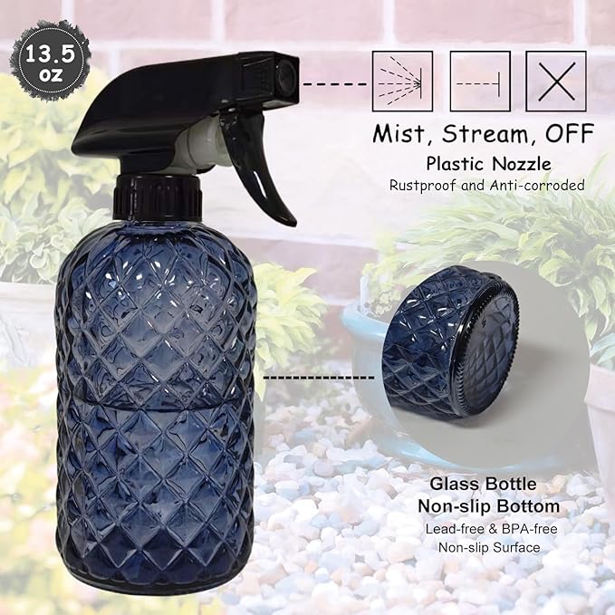 Glass Plant Mister Bottle, 13.5oz Refillable Water Spray Bottle with Adjustable Mist Nozzle for Indoor Flowers, Outdoor Gardening, Cleaning, Hair and Pets Care(Grayish Blue)