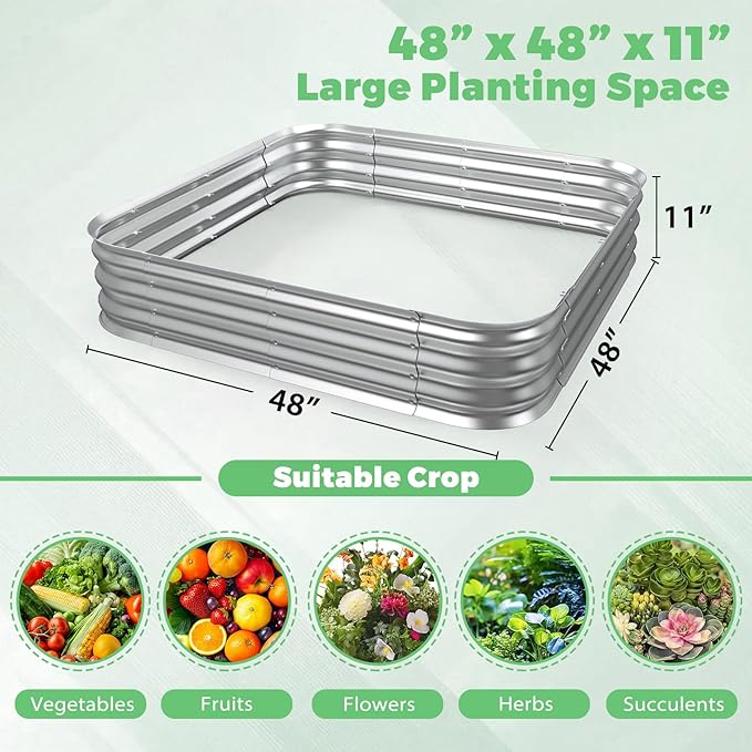 Galvanized Raised Garden Bed, 4x4x1ft Garden Planter Bed Outdoor, Heavy Duty Rustproof Steel Raised Bed Kit for Gardening Vegetables Fruits Flowers Grow, Silver