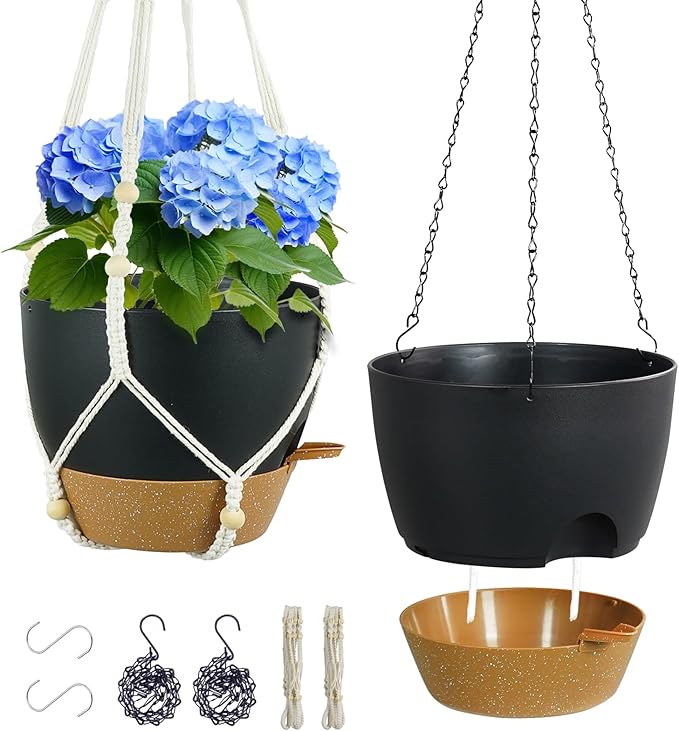 Meowell 10 inch Self Watering Hanging Planters, 2 Pack Hanging Flower Pots for Indoor Outdoor Plants, Hanging Baskets with Drainage Holes & 2 Kinds of Plant Hangers for Garden Home Decor, Black Brown