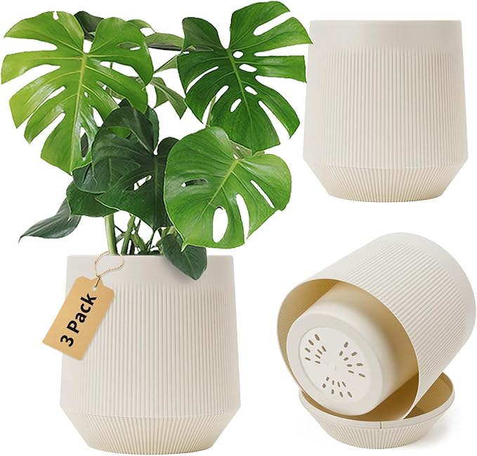 Yaghpy Plant Pots，Set of 3 Plastic Pots for Indoor Plants,Flower Pots Outdoor Planters with Drainage Hole and Seamless Saucer,Milky-Yellow