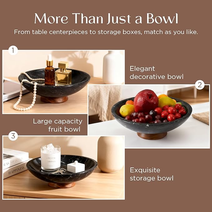 SAMAH Black Marble Fruit Bowl with Acacia Wood Pedestal, Large Decorative Footed Bowl, Natural Stone Centerpiece for Kitchen Counter, Entryway, Keys, Dining Table, House Warming Gifts New Home(11Inch)