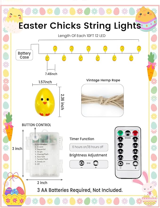 YIQU Easter Decoration String Lights, 10FT 12LED Indoor Chick Mantel Garland Battery Operated with Remote Timer 8 Modes, Hemp Rope Banner for Fireplace Table Wall Spring Party Indoor Outdoor Decor