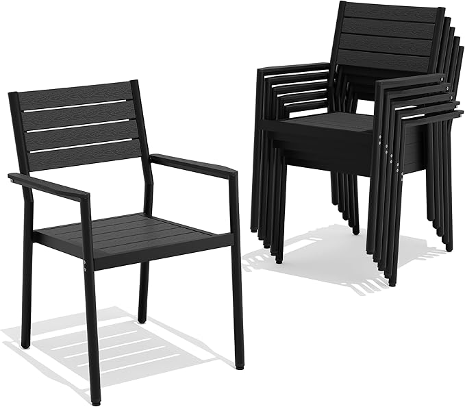 Pellebant Stackable Outdoor Dining Chairs Set of 6, Aluminum Patio Chairs with Arms, All-Weather for Garden, Lawn, Deck, Porch and Yard, Black