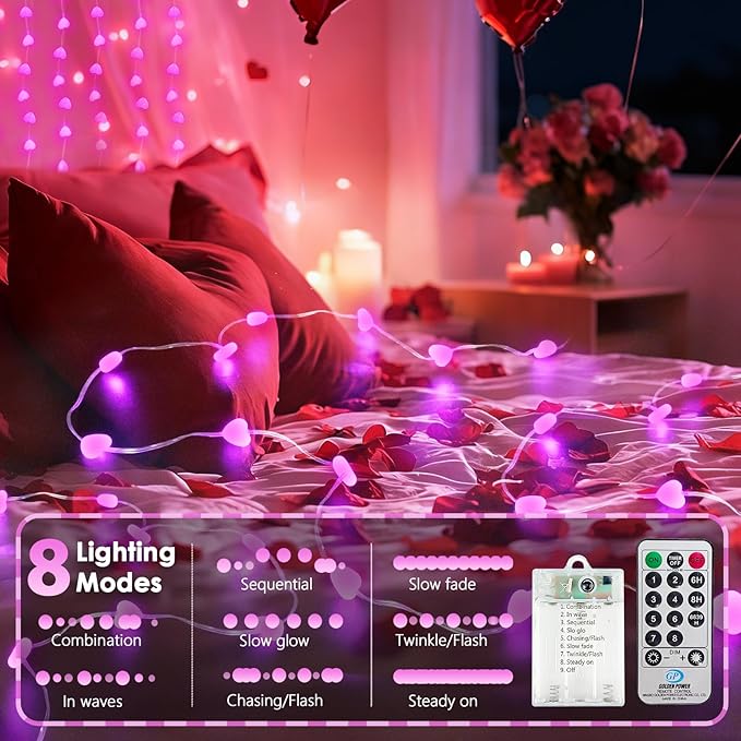 Valentine’s Day Twinkle Fairy Lights with Timer | 10FT 30LED Battery Operated Pink Heart Light with Remote for Wedding Bedroom DIY Indoor, Girl‘s Romantic Gifts Valentine Decor