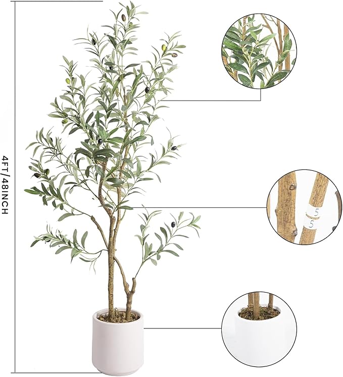 Artificial Fake Olive Tree 4FT Tall 2Pack with White Planter Faux Silk Olive Tree for Home Living Room Office Decor Faux Artificial Plants Indoor with Fruit & Free Moss