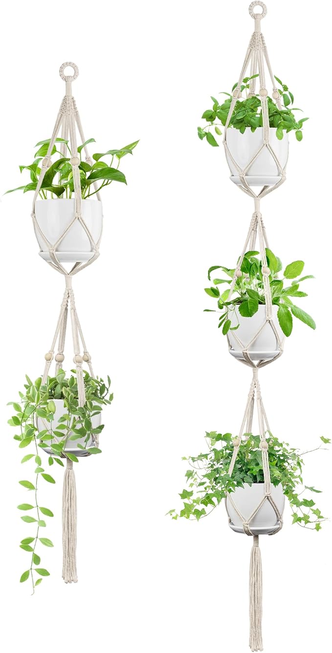 IDEEEPAN Macrame Plant Hanger - Fits 4 to 8 inches Pots for Indoor Outdoor, 49"/72" 2 Sizes Set, Ivory (POTS NOT Included)