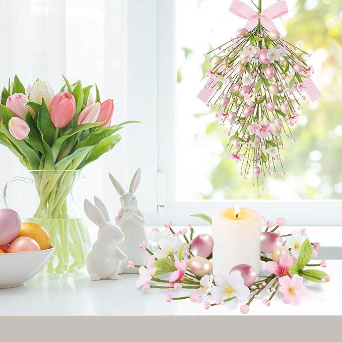 2 Pack 24'' Easter Teardrop Swags for Front Door Pastel Pink Easter Eggs Teardrop Wreath Artificial Spring Floral Hanging Swags with Ribbon Berry Flower for Farmhouse Home Outdoor Window Wall Decor