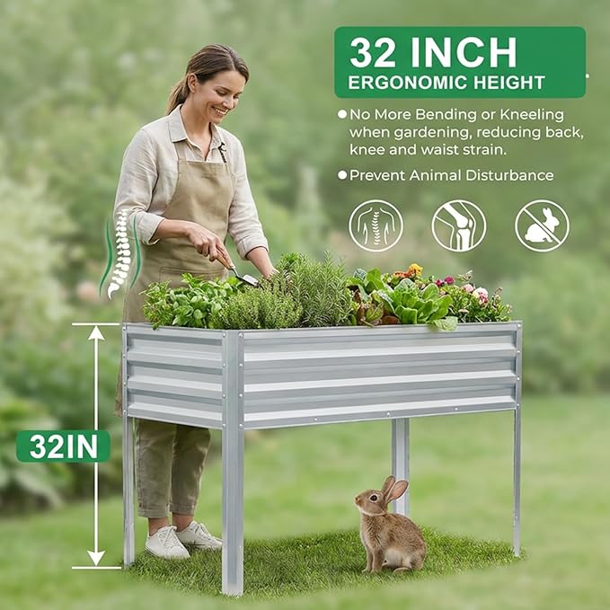 Elevated Raised Garden Bed with Legs, 48x24x32in Galvanized Planter Box Outdoor with Drainage Holes, Large Metal Raised Beds for Gardening Vegetables Herbs, Backyard, Patio, Balcony - Silver