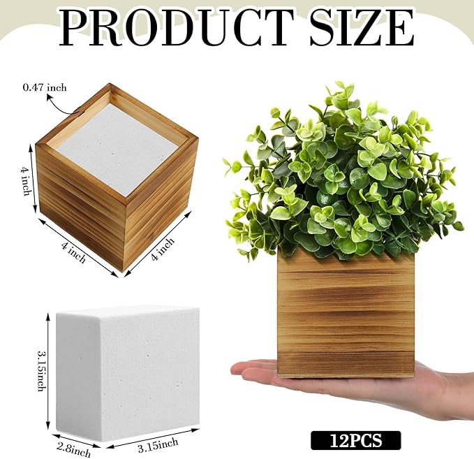Suzile 12 Set 4 Inch Wooden Planter Box Flower Square vases for Centerpiece Rustic Cube Planter Box with Removable Foam Blocks Liner Square Vase Craft for Garden Home(Burn Wood Color)