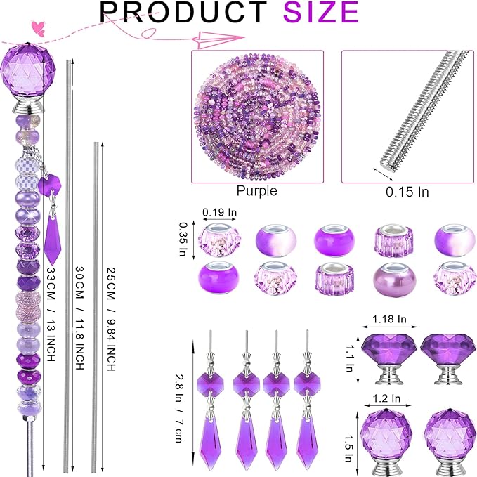 121 Pcs DIY Fairy Wand Beaded Garden Stakes Kit, Fairy Wands Garden Kit Purple Large Hole Bead with Pendants Crystal Stopper Top Threaded Rod Beaded Garden Stakes Supplies for Outdoor Decorative