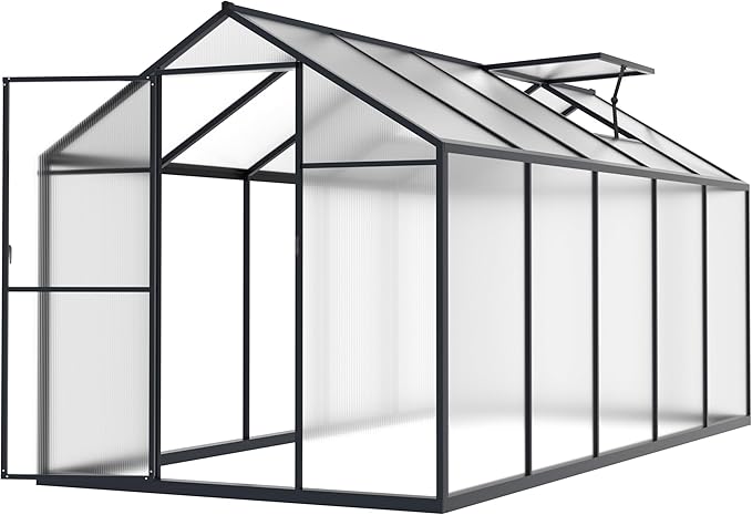 6' x10' Polycarbonate Aluminum Greenhouse Kit for Outdoor, Walk-in Greenhouse with Lockable Door and Adjustable Roof Vent, Backyard Garden in Winter, Gray