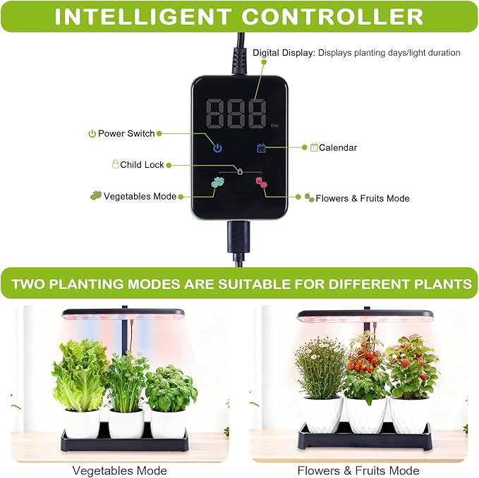 DRYADES Indoor Garden Led Grow Light, Full Spectrum LED Grow Lamp for Indoor Plants with Intelligent Controller, Height Adjustable, Ideal for Home Desk Plant Lighting (Black, 16 * 6.3 * 7.1 inch)