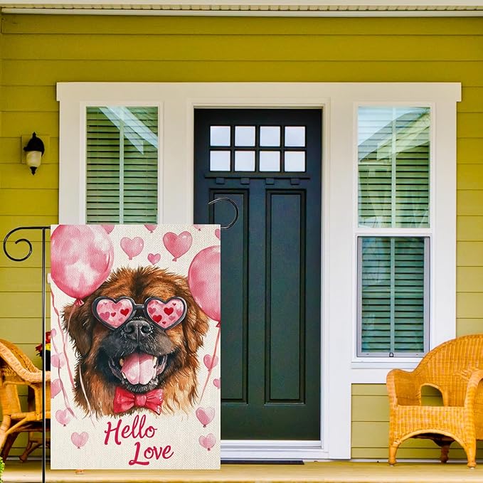 Valentine's Day Tibetan Mastiff Hello Love Garden Flag, House Yard Plaid Love Heart Outside Decoration, Spring Holiday Wedding Anniversary Outdoor Small Decor 12x18(12649)