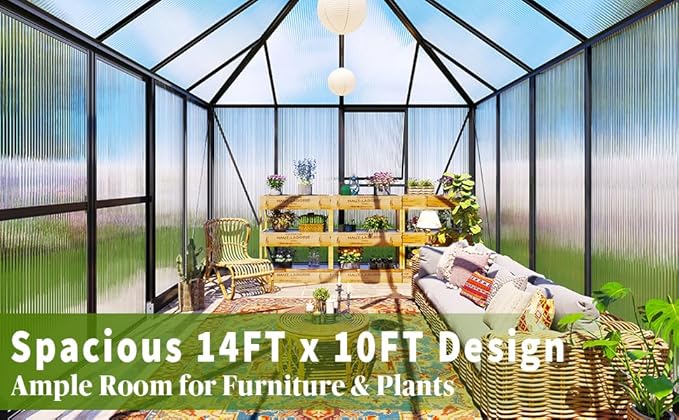 14x9.7x10 FT Polycarbonate Greenhouses for Outdoors, Large Huge Greenhouse Sunroom with 2 Adjustable Windows &Sliding Door, Walk-in Design with Aluminum Frame for Patio, Garden