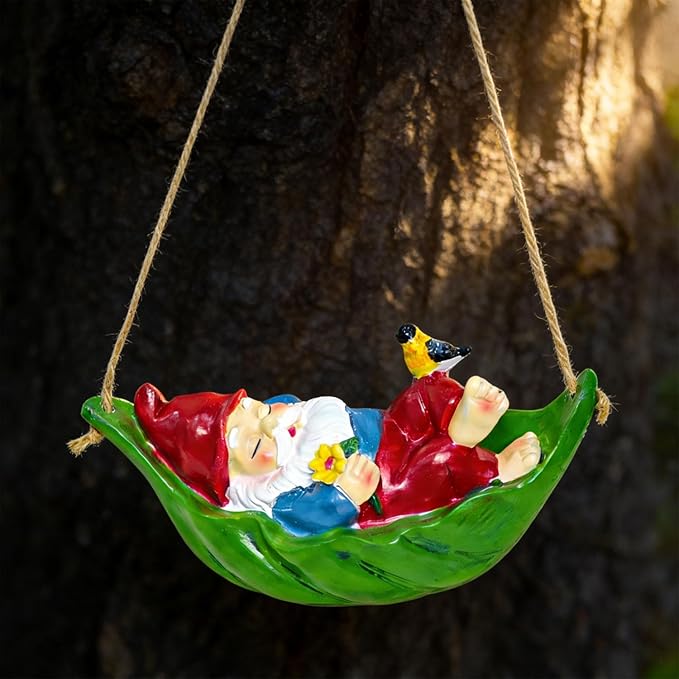 Garden Gnome Outdoor Statues for Garden Decor, Gnome Bird Flowers Resin Hanging Decorations Tree Ornaments Figurines for Outside Backyard Art Decor