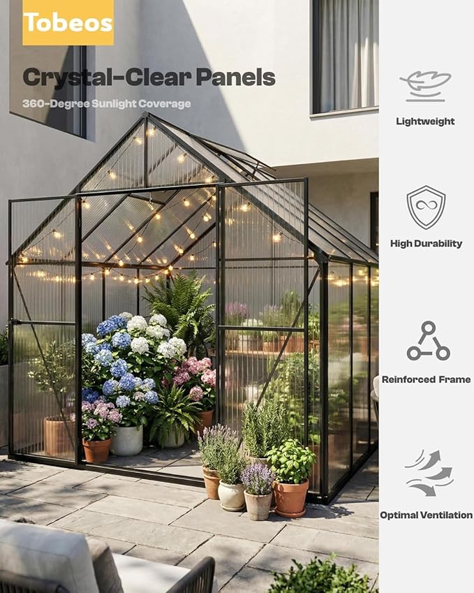 8×12 FT Walk-in Greenhouse Polycarbonate Greenhouse for Outdoors, Heavy Duty Backyard Garden Greenhouse with Aluminum Frame, Clear Panels, Adjustable Roof Vent, Rain Gutter System, Patio