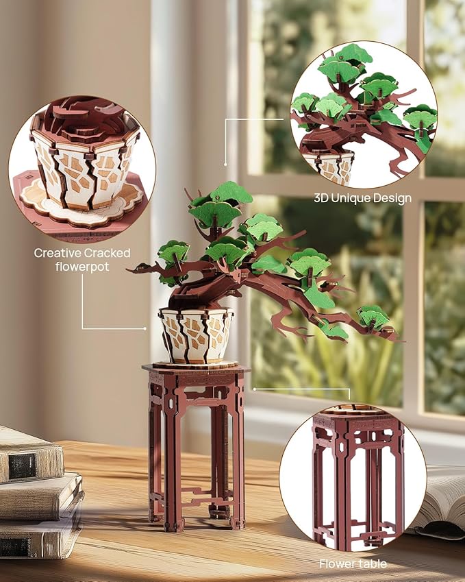 Wowood 3D Wooden Puzzle for Adults - Evergreen Pine Bonsai, DIY Wood Model Kit, Creative Craft Kit, Unique Gift and Home Decor for Nature Lovers (115PCS)