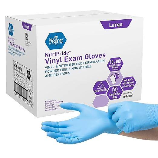MED PRIDE Nitrile/Vinyl Blend Exam Gloves, Powder-Free, Latex-Free, Disposable, Non-Sterile, Blue, Large (Case of 1000)