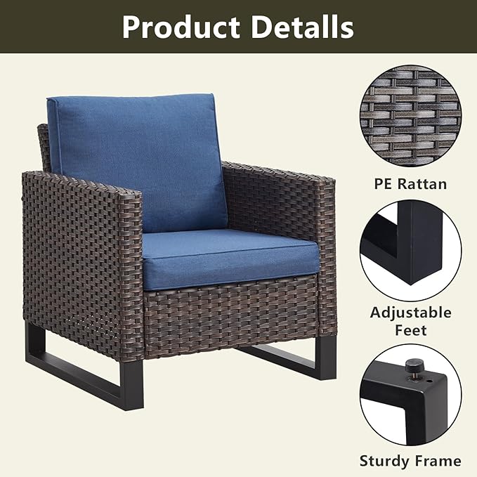 Rilyson Wicker Outdoor Patio Furniture Set - 5 Piece Patio Conversation Set with 2 Wicker Armrest Chairs,2 Rattan Ottoman and 1 Metal Side Table for Outside Porch Deck Backyard Garden(Brown/Blue)