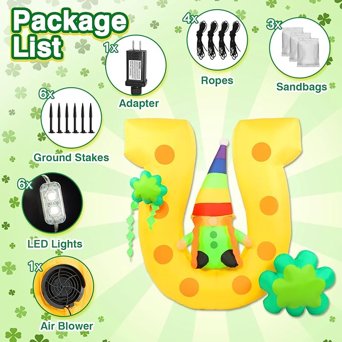 4.9FT St Patricks Day Inflatables Outdoor Decorations Blow Up Gnome Sits on Lucky Horseshoe Arch with Shamrock LED-Lighted Décor Leprechaun for Yard Lawn Garden Party Holiday