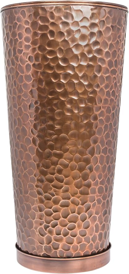 H Potter Tall Copper Planter Indoor Outdoor 28 Inch Antique Copper Hammered Metal Garden Planter with Insert Drainage and Drip Trays Large Decorative Floor Planter for Entryway Porch Patio Set of 2