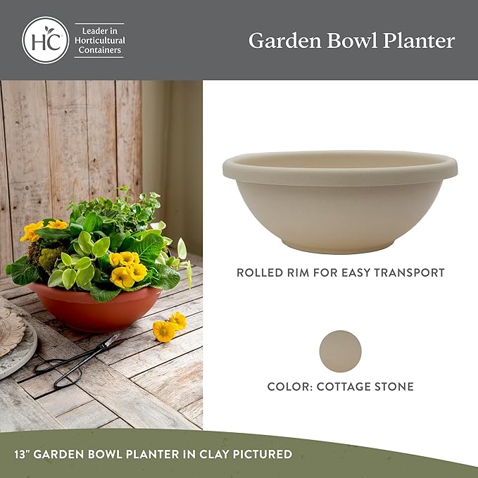 The HC Companies 24 Inch Shallow Garden Bowl Plant Pot w/Drainage, Lightweight UV-Resistant Plastic Planters for Succulents, Herbs & More, 2-Pack Planters for Indoor Outdoor Home Decor, Cottage Stone