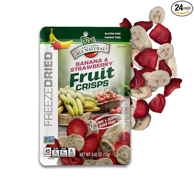 Brothers All Natural Freeze Dried Fruit Crisps, Banana Strawberry, 0.42 Oz (Pack of 24), Made with 100% Fruit, Gluten Free, Soy Free, Vegan, Healthy Snack, Lunch Box Ready