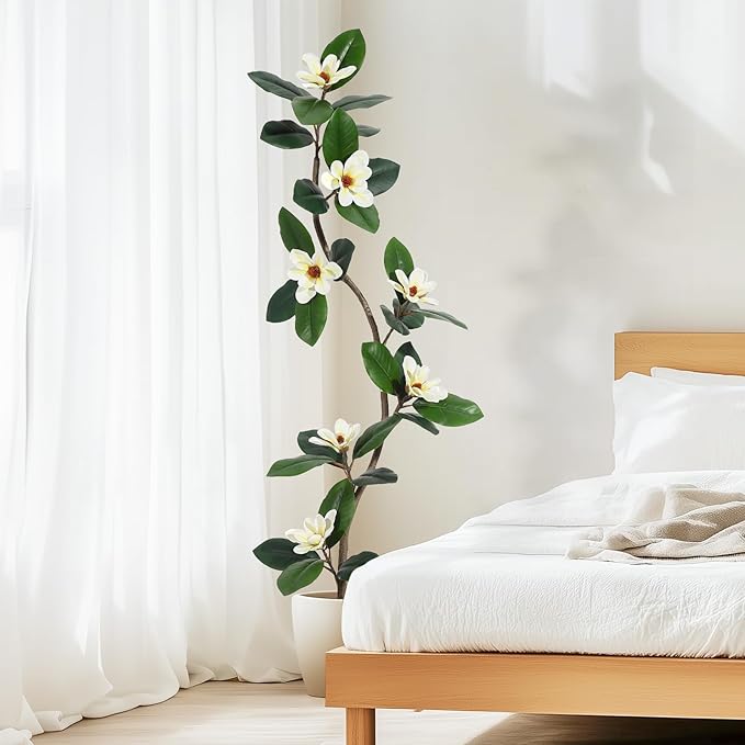 5FT Rubber Tree Artificial Tree, Fake Floor Plant with 7 Pcs Magnolia Flowers in White Planter Bonsai Planter, Indoor Tall Faux Plants for Living Room Home Decor, Gifts for Women