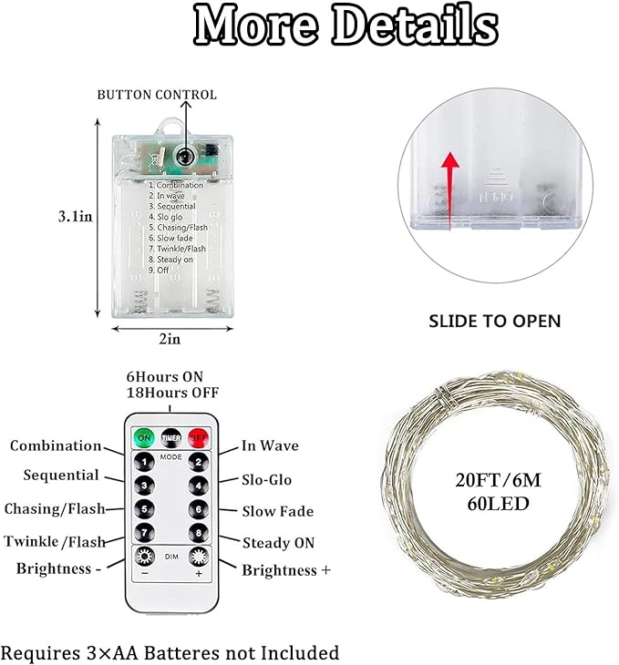 4 Pack White Fairy Lights Battery Operated with Remote, Waterproof 20FT 60LED Cuttable Twinkle Lights with Timer Indoor Outdoor, String Light for Bedroom, Classroom, Wedding, DIY, Christmas Décor