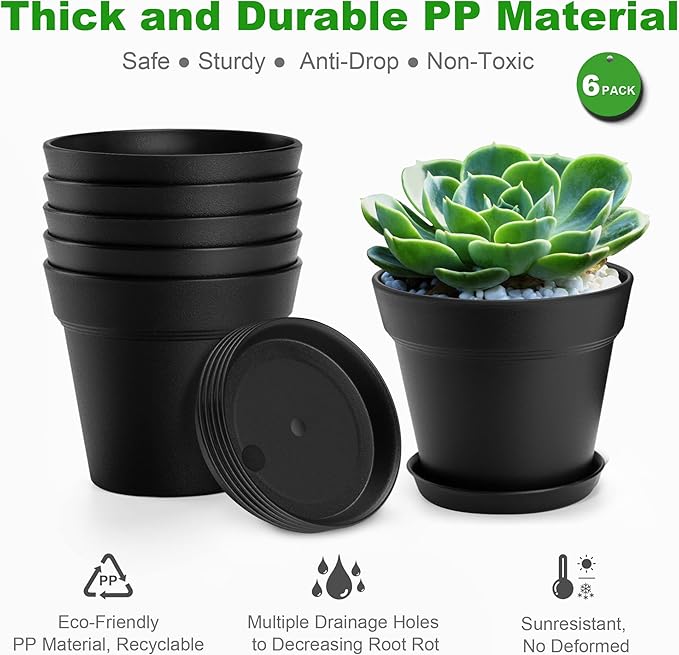 FHWTY 4 Inch Plastic Plant Pots 6 Pack, Small Flower Pots with Drainage Holes and Tray, Thickened Indoor Planters Seedlings Nursery Pots, African Violet, Succulent and All House Plants, Black