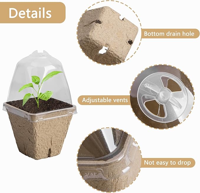 PURPLE STAR 1N 20 Pcs Biodegradable Nursery Pots with Humidity Dome- 2.3 Inch Square Seeding Starter Pots for Planting- Peat Pots for Seedlings Garden Vegetable Flower Germination