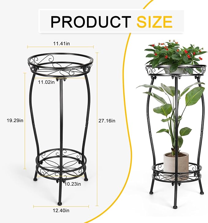 Gynyinly 2 Tier Rustproof Iron Plant Stand - Heavy Duty Outdoor Plant Stands For Patio, Balcony Or Garden Or Planter Corner - Plant Stand Indoor (Black)
