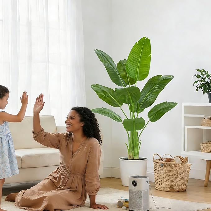 Birds of Paradise Plant Artificial, 5FT Fake Plants Faux Banana Leaf Tree with 10 Banana Leaves, Lifelike Tall Fake Tropical Palm Indoor Silk Floor Plant in Black Pot for House,Office,Room,Home Decor