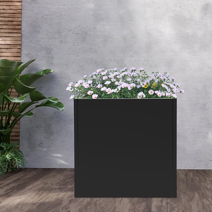 16~32inch Steel Planter Square Outdoor Planters Box Indoor Metal Large Planters Cube, Heavy Duty Flower Pot Modern for Commercial Residential Home Garden Porch Hotel Patio (Black, 26×26×26in)