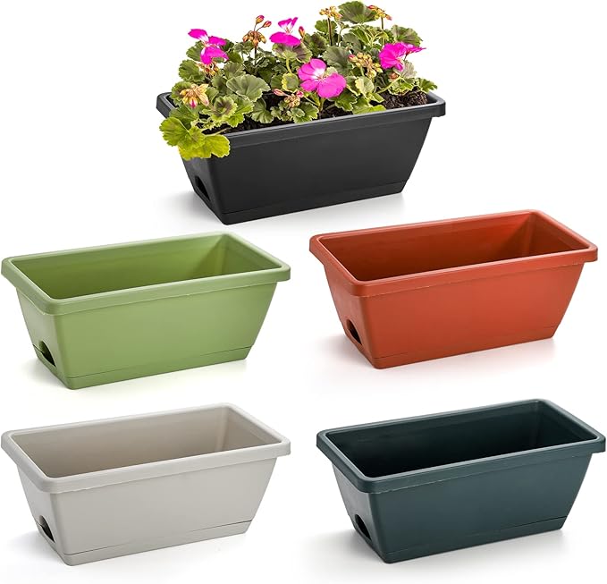 Hedume 5 Pack 14 Inches Flower Window Box, Plastic Vegetable Planters Indoor Outdoor, Plastic Flower Box Planter for Windowsill, Patio, Garden, Home Décor, Porch (5 Colors)