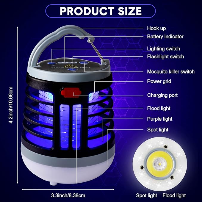 2 Pack 3 in 1 Bug Zapper USB Rechargeable Mosquito Killer Portable Waterproof Mosquito Repellent Outdoor Indoor LED Lantern Bug Zapper Camp Light SOS Emergency Light for Home, Backyard (2, Black)