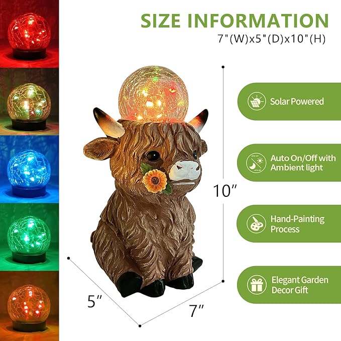 HONGLAND Highland Cow Solar Outdoor Statues for Garden, Outside Decor with Color Changing Lights for Yard Lawn Ornaments Porch Patio Balcony Home Farmhouse, Birthday Gifts for Grandma Mom Women