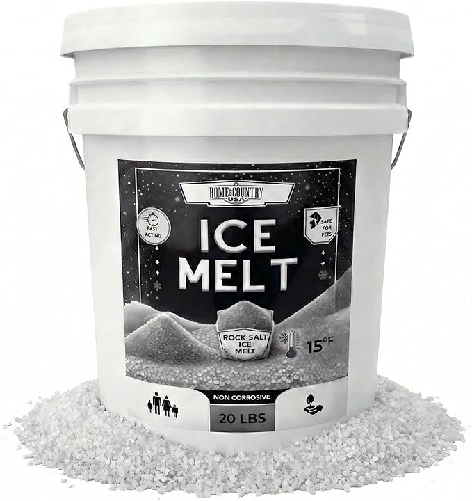 Rock Salt Ice Melt Pail Effective to -25°F, Eco-Friendly De-Icer, Optimal Granule Size for Quick Melting, Ideal for Driveways, Walkways, and Entryways (20 lb)