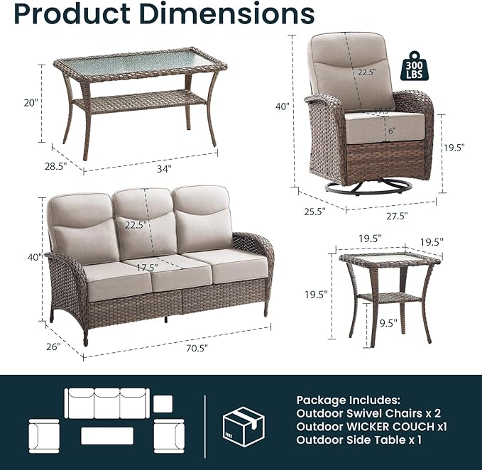 Luxury 6-Inch Cushion Patio Furniture Set, High Back Outdoor Swivel Rocker Patio Chairs with Outdoor Couch, Outdoor Wicker Conversation for Deck Porch Garden Balcony Poolside Beige Cushion