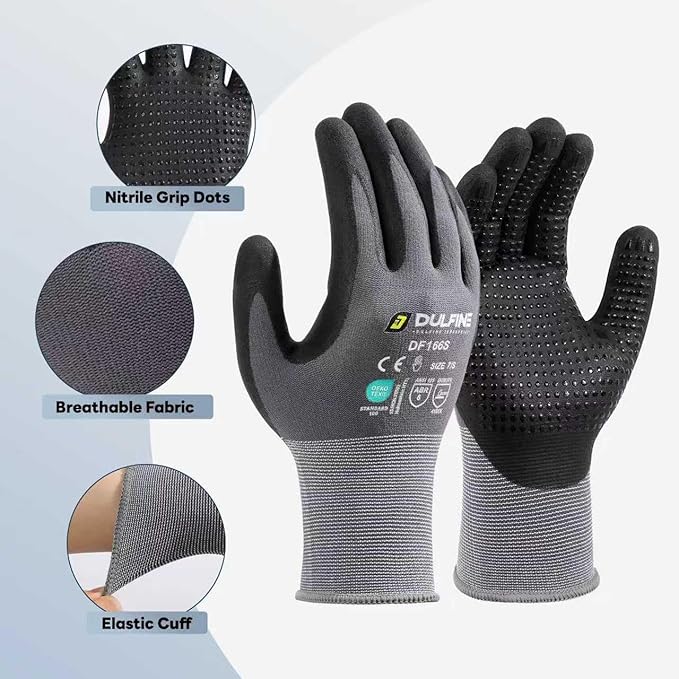 DULFINE Work Gloves for Men and Women,Grey Nylon with MicroFoam Nitrile Coated-12 Pairs Pack, Dots on Palm for Anti-slip and Extra Abrasion Resistant(Large)